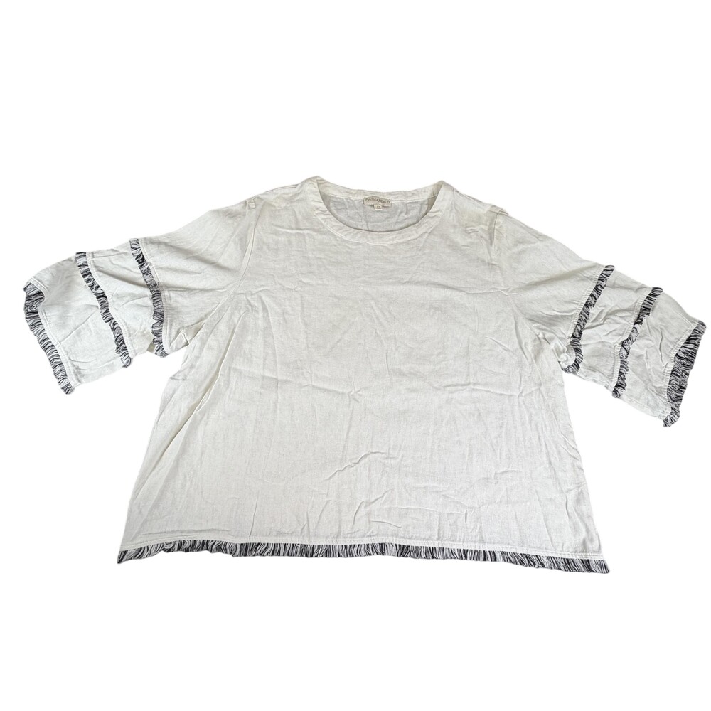 Cynthia Rowley Blouse Womens Plus 2X White Linen Blend Fringe Top Flutter Sleeve